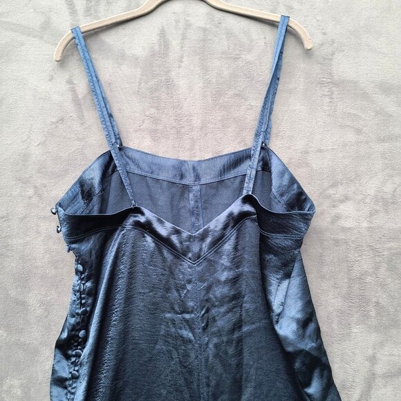 Free People Intimately Oh My Shine Satin Jumpsuit M Navy Blue Side Buttons NWOT - Picture 7 of 10